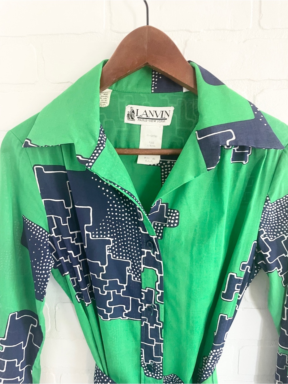 Rare 70s Lanvin Geometric Cotton Midi Shirt Dress Belted Sz 12 - Picture 6 of 16